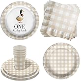 One Lucky Duck 1st Birthday Party Supplies - 64 Piece First Birthday Tableware Set Includes Large 9" Dinner Plates and 8" Dessert Paper Plates Napkins Cups - Kit for 16