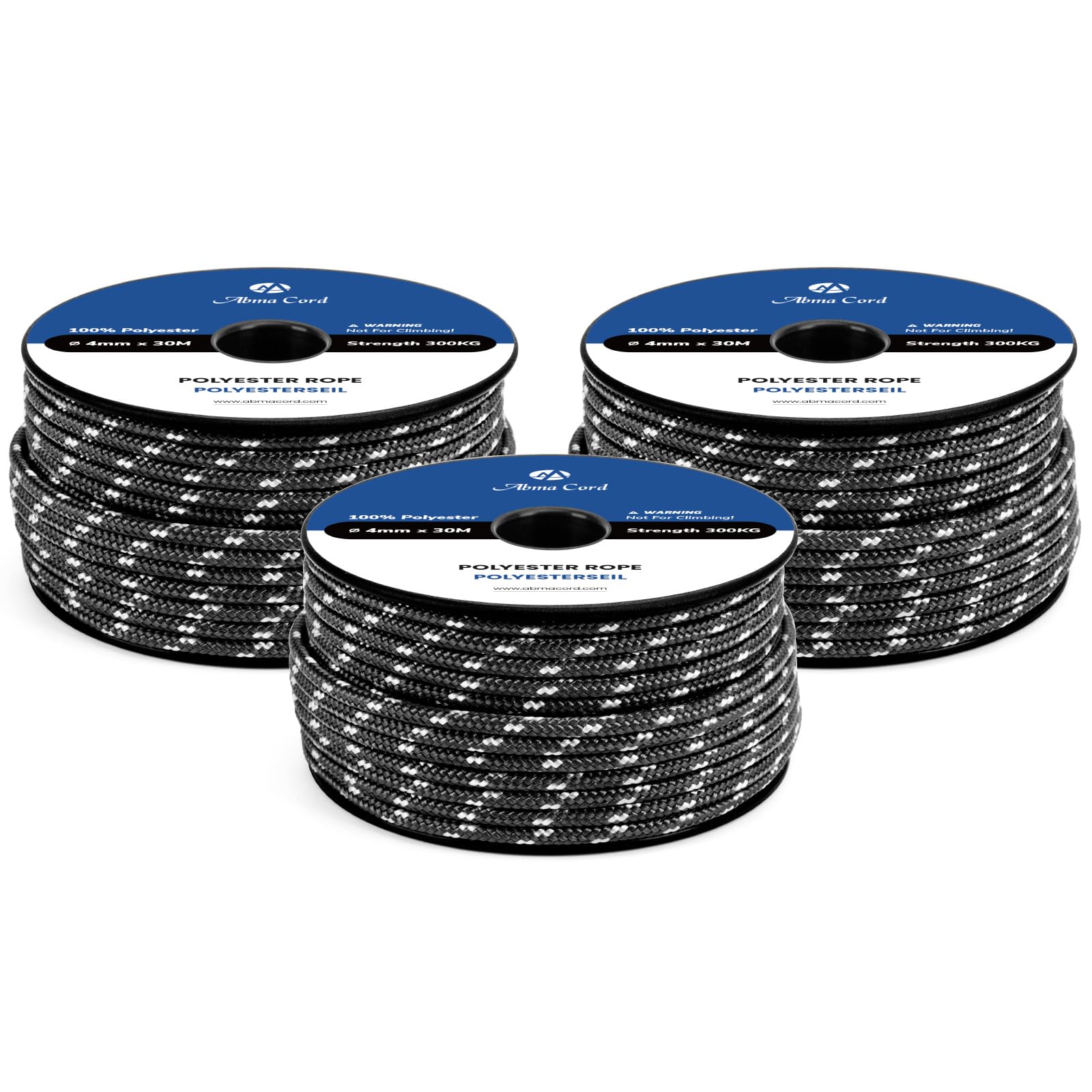 Abma Cord Polyester Cord 4mm x 30m Braid Polyester Rope, Black/White - Heavy Duty & Low Stretch - High UV & Abrasion Resistance