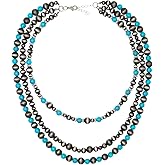 Western Navajo Pearl Necklace for Women Multi Layer Pearls Turquoise Beaded Boho Chic Statement Necklaces Southwestern Navajo jewelry