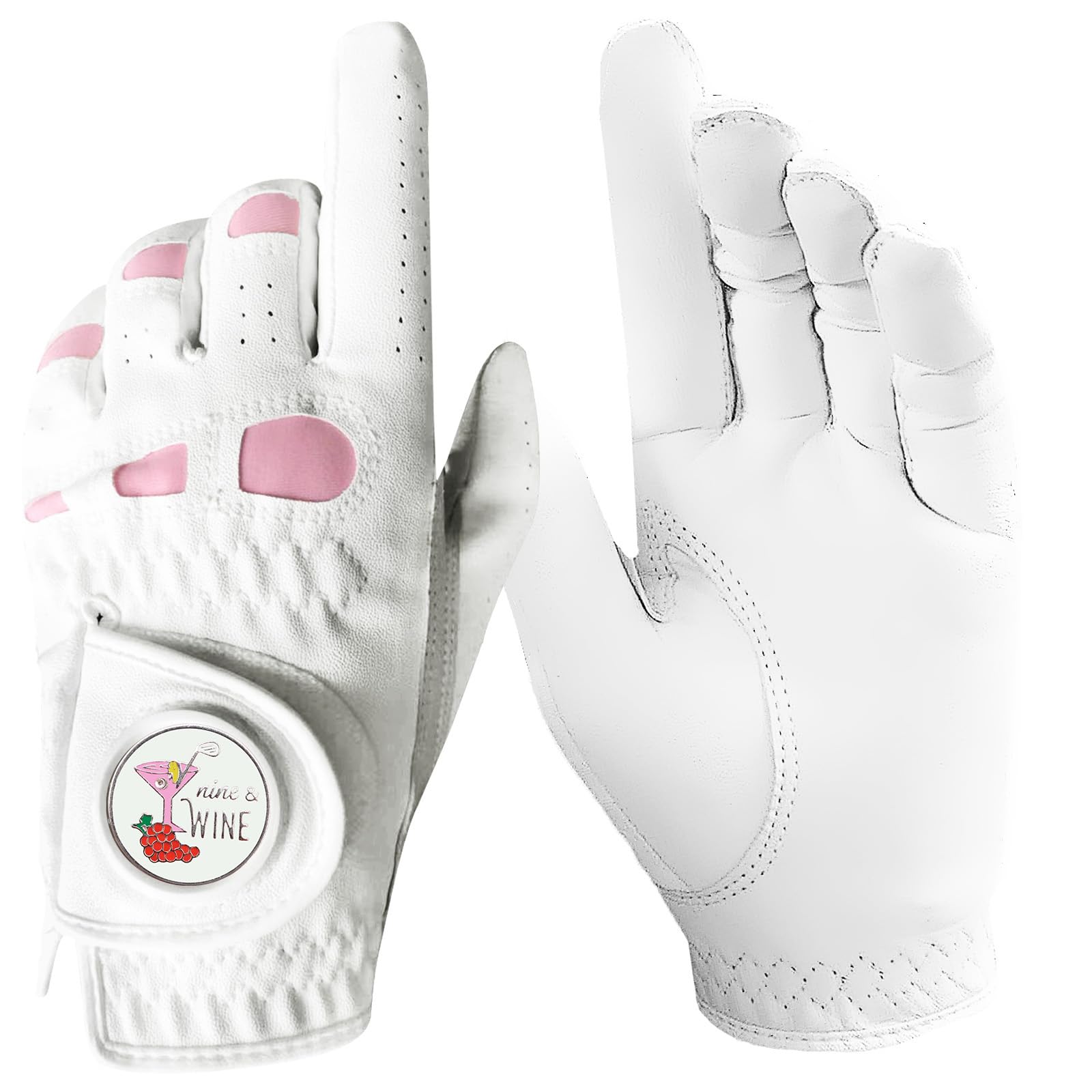 AMRTA Golf Gloves for women Left Hand Leather with Ball Marker 1 Pack,Ladies Golf Glove for Right Handed Golfer Breathable All Weather Grip (M, Left)