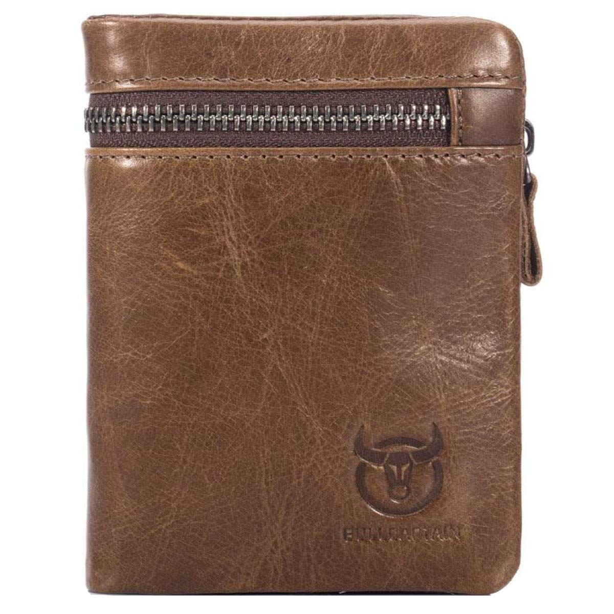 Genuine Leather Men Wallet, RFID Blocking Antimagnetic Credit Card Holder, Zipper Coin Purse Brown