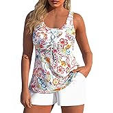 MODLILY Lace Up Womens Tankini Swimsuits with Pocket, Two Piece Bathing Suits, Racerback Tank Top with Board Shorts