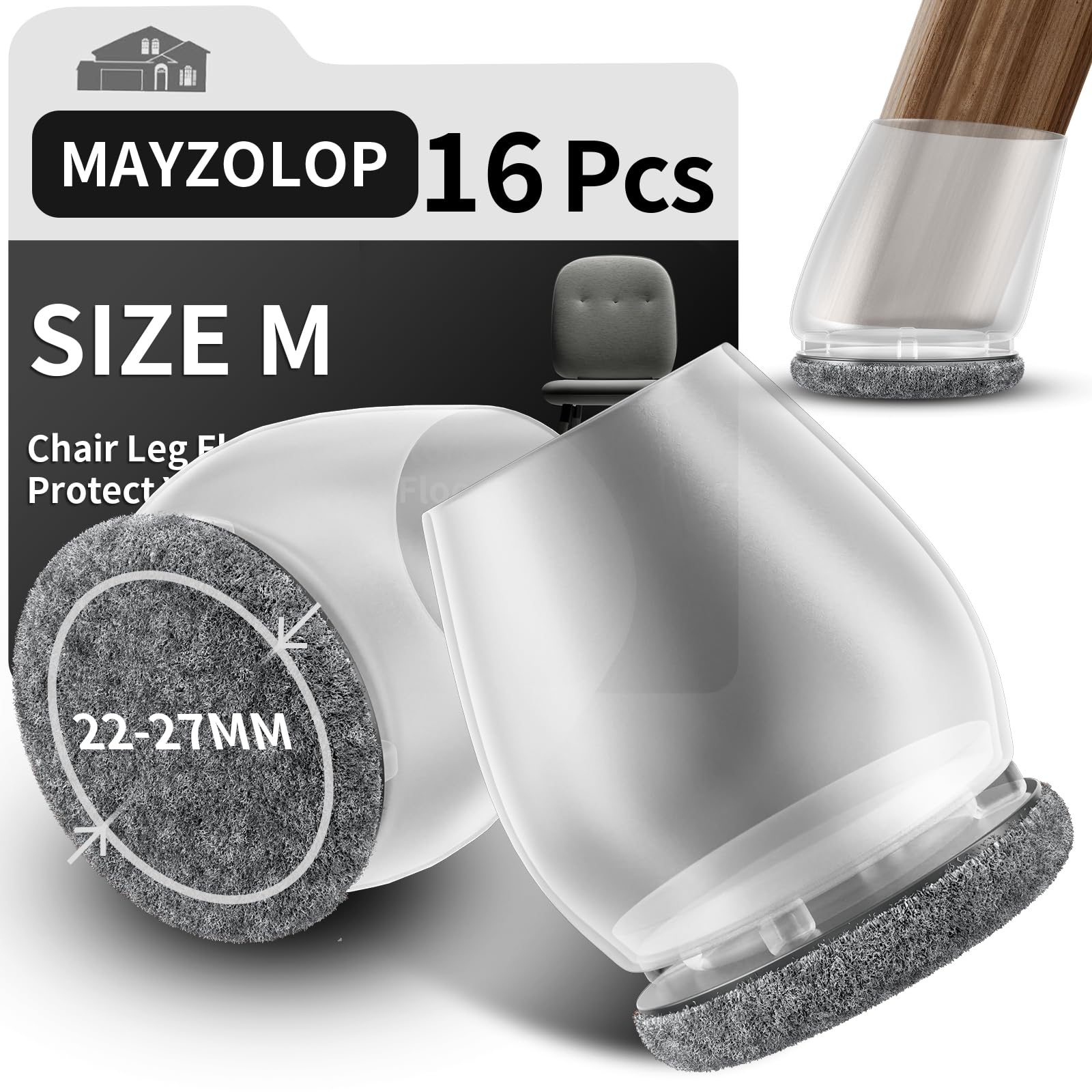 MAYZOLOP 16PCS Silicone Chair Leg Floor Protectors, 1 inch Transparent Chair Leg Caps for Tilt Chair Legs, Hardwood Floor Protectors for Furniture Legs with Grey Felt Pads, No Scratches No Noise