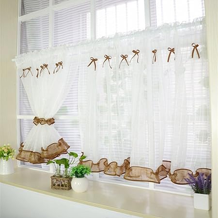 White Valance Window Curtain Brown Bowknot Semi Sheer Cafe Curtain
