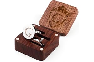 PROPHET CLUE PC Mens Initial Silver Cufflinks A-Z Alphabet Letter Steel Cuff Links with Engraved Walnut Wood Box Groom Groomsman Wedding Set…