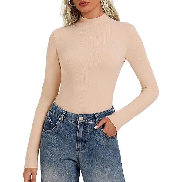 MANGDIUP Women's Mock Turtleneck Long Sleeve Top - Slim Fit Basic Tee, Soft Rayon/Spandex Blend (Mocha, Small)