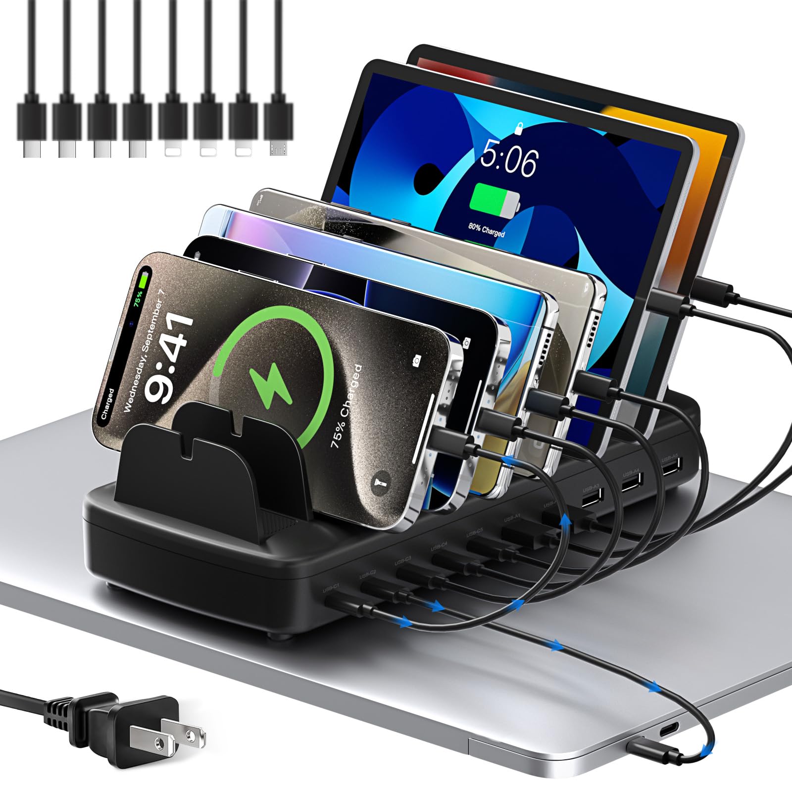 510W Fast Charging Station for Multiple Devices, 10 Port USB C Charger Station with Flame-Retardant Material & 8 Cables for iPhone, Android, iPad, Tablets, Family Office Desk Charging Dock Organizer