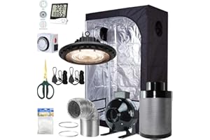 BloomGrow 300W Full Spectrum UFO LED Light + 36''x20''x63'' Grow Tent + 4'' Inline Fan Filter Duct Combo + Hangers + Hygrometer + Shears + 24-hour Timer + Trellis Netting Indoor Grow Tent Complete Kit