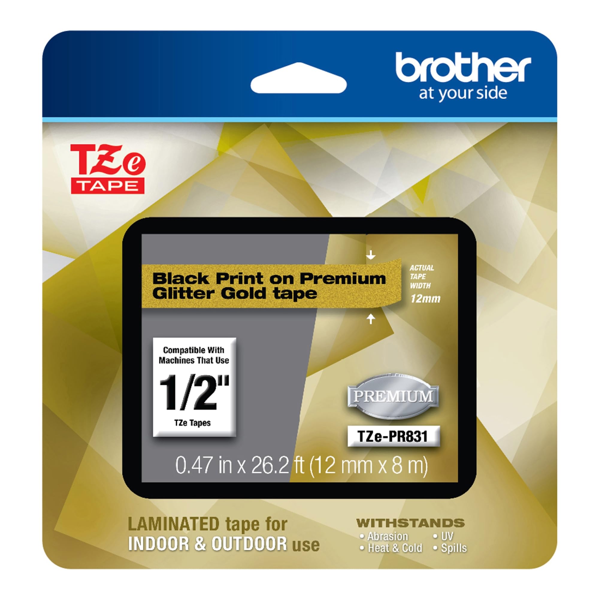 P-Touch TZe-PR831 Black Print on Premium Laminated Tape 12mm (0.47”) Wide x 8m (26.2’) Long, Glitter Gold, TZEPR831