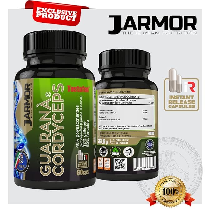 title=Integratore J.Armor Guaranà Cordyceps Testofen 60 cps- Caffeina 12 percento e