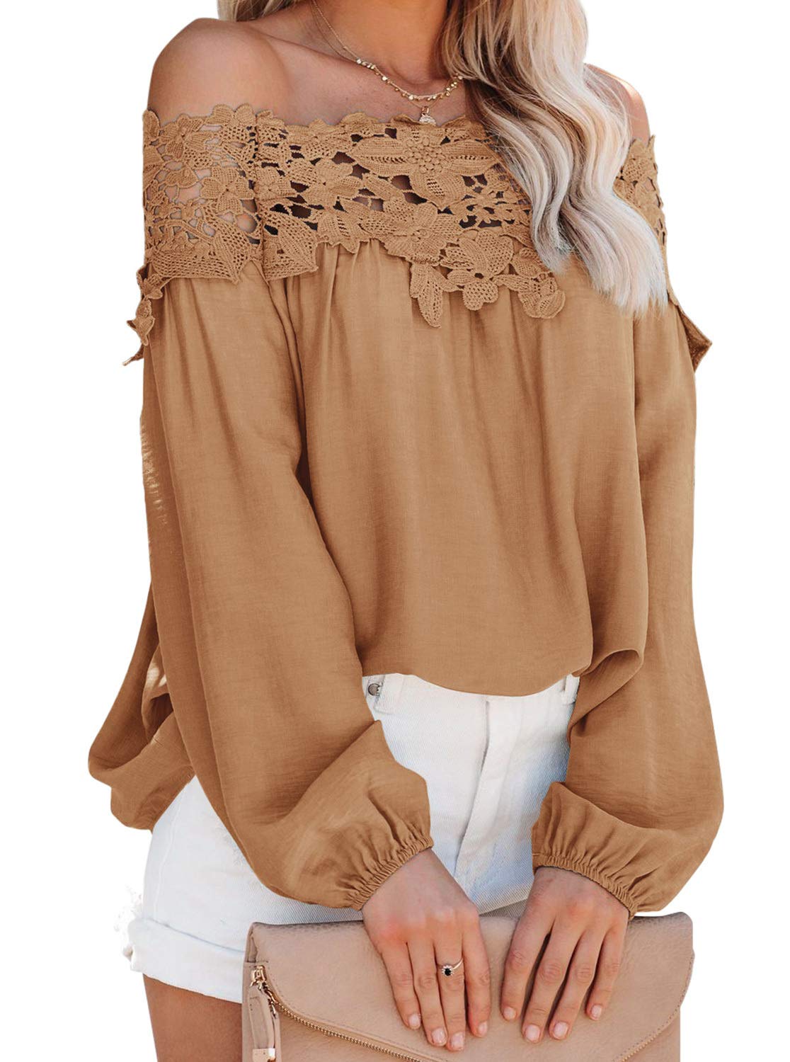Adreamly Women's Lantern Long Sleeve Lace Crochet Off The Shoulder Tops Loose Blouses
