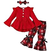 AMAWMW Toddler Baby Girl Christmas Outfit Ruffle Long Sleeve Top Bell Bottom Pants Headband Christmas Clothes Set