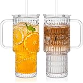 SoulTimes 26oz Raindrop Glass Tumbler with Handle - Set of 2, Reusable Iced Coffee Cup, Glass Cup with Lid and Straw for Smoothies, Juice, Coffee, Tea, Milk & More