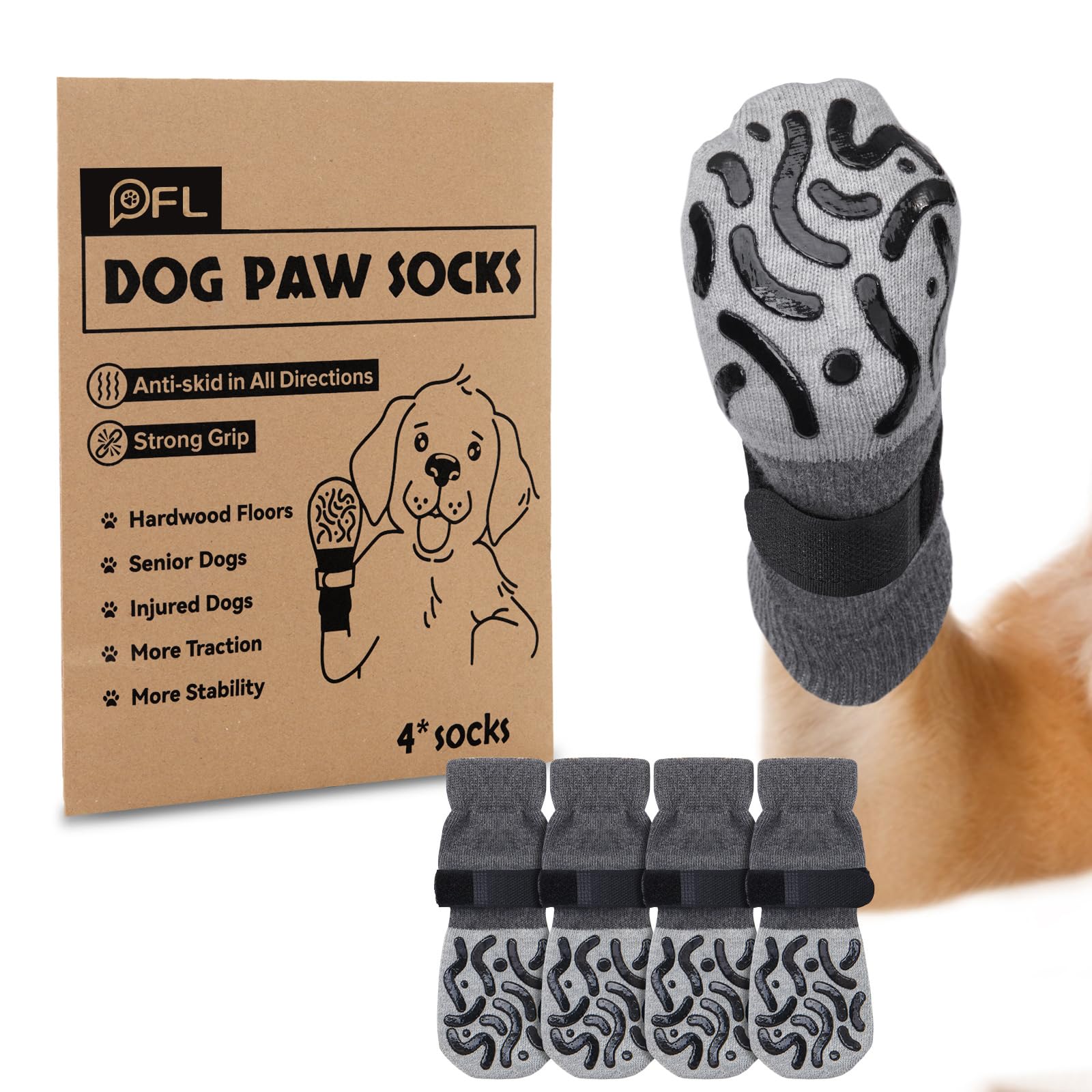 2 Pairs Anti Slip Dog Socks With Strong Traction, Paw Protectors and Grips for Stop Licking, Adjustable Shoes for Senior Dogs, Hardwood Floors Indoor Walking (Grey, M)