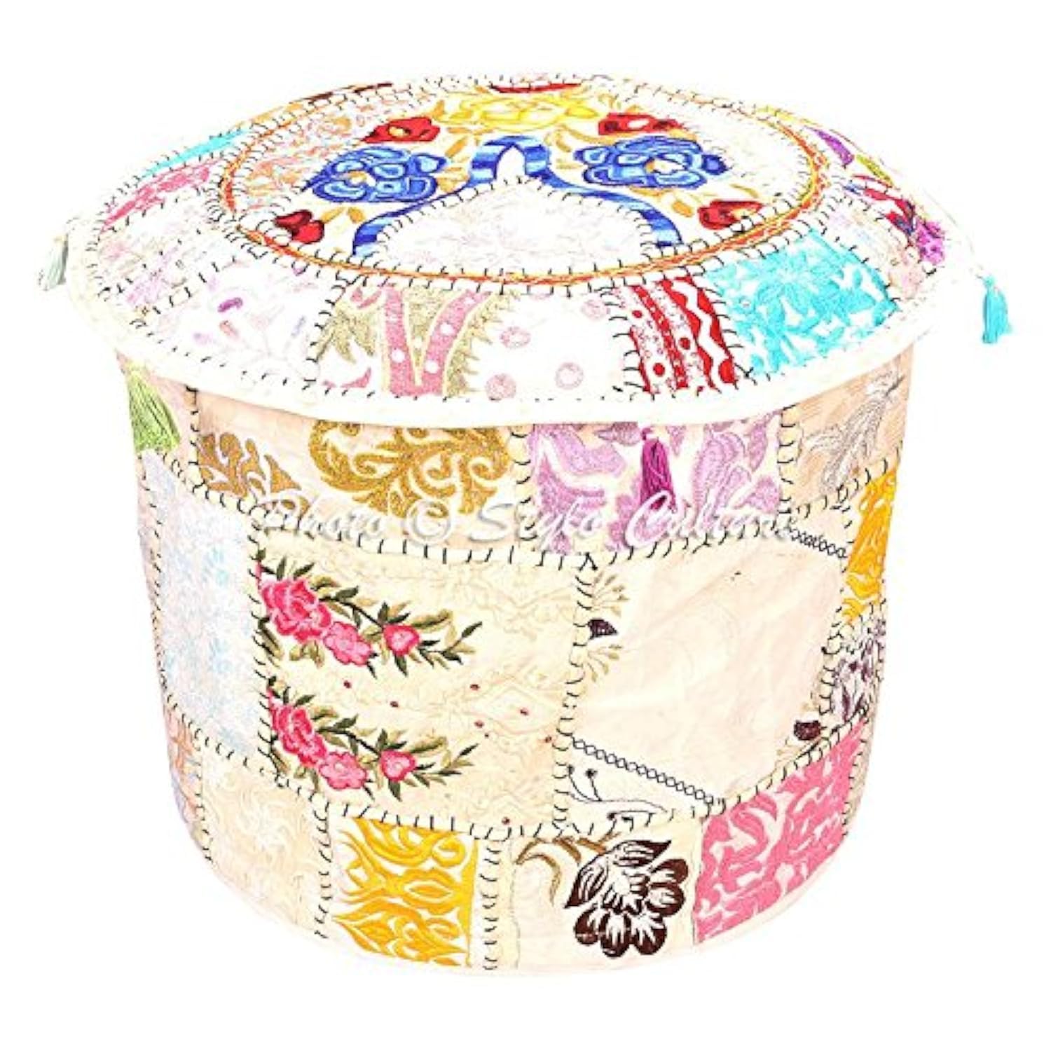 Stylo Culture Ottoman Pouffe Footstool Cover Bench Large White Indian Embroidered Patchwork Cotton Traditional Round Fabric Ottoman Pouf Cover (22x22x13 Inch) 55cm (COVER ONLY)