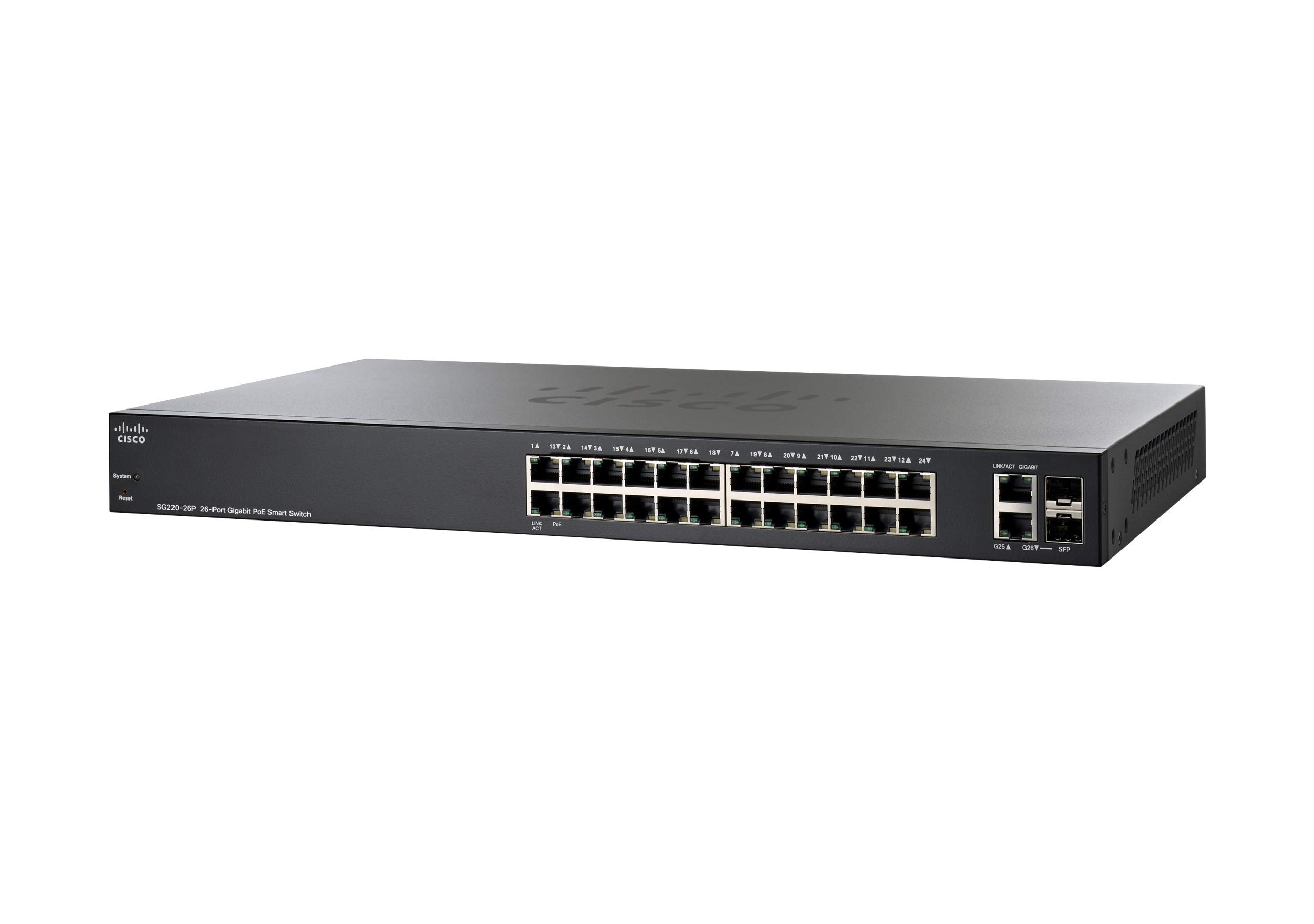 Cisco SG220-26P Smart Switch, 26 Gigabit Ethernet (GbE) Ports, 2 Gigabit Ethernet Combo Mini-GBIC SFP, 180W PoE, Limited Lifetime Protection (SG220-26P-K9-UK)