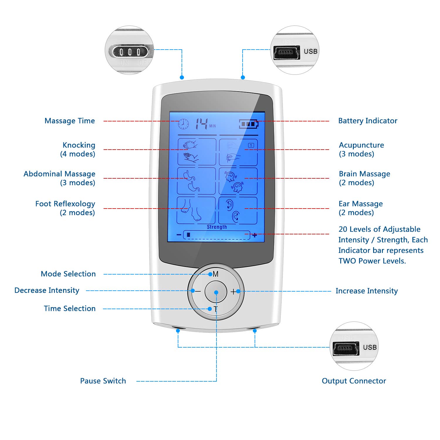 Électrostimulateur Tens Rechargeable Antidouleur Stimulateur Musculaire, Tens EMS Soulagement des Douleurs avec 16 Modes, 8 Électrodes et 20 Niveaux d’Intensité pour Massage Tension Musculaire