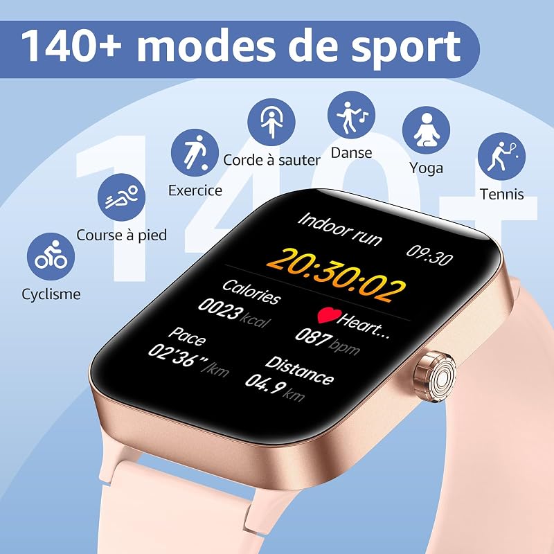 Montre Connectée Homme Femme avec Appel Bluetooth, 1,95" Écran Tactile Smartwatch Fitness Tracker avec Sommeil Cardiofréquencemètre, 140+ Modes Sportifs, IP68 Étanche pour Android iOS, Rose — photo 5 sur 6
