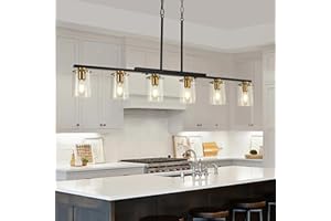 XvmBvm 6-Light Kitchen Island Lighting,Dining Room Lights Modern Farmhouse Chandelier with Clear Glass Shade,Modern Rustic Black and Gold Metal Chandelier, Kitchen Pendant Light Fixtures Over Table