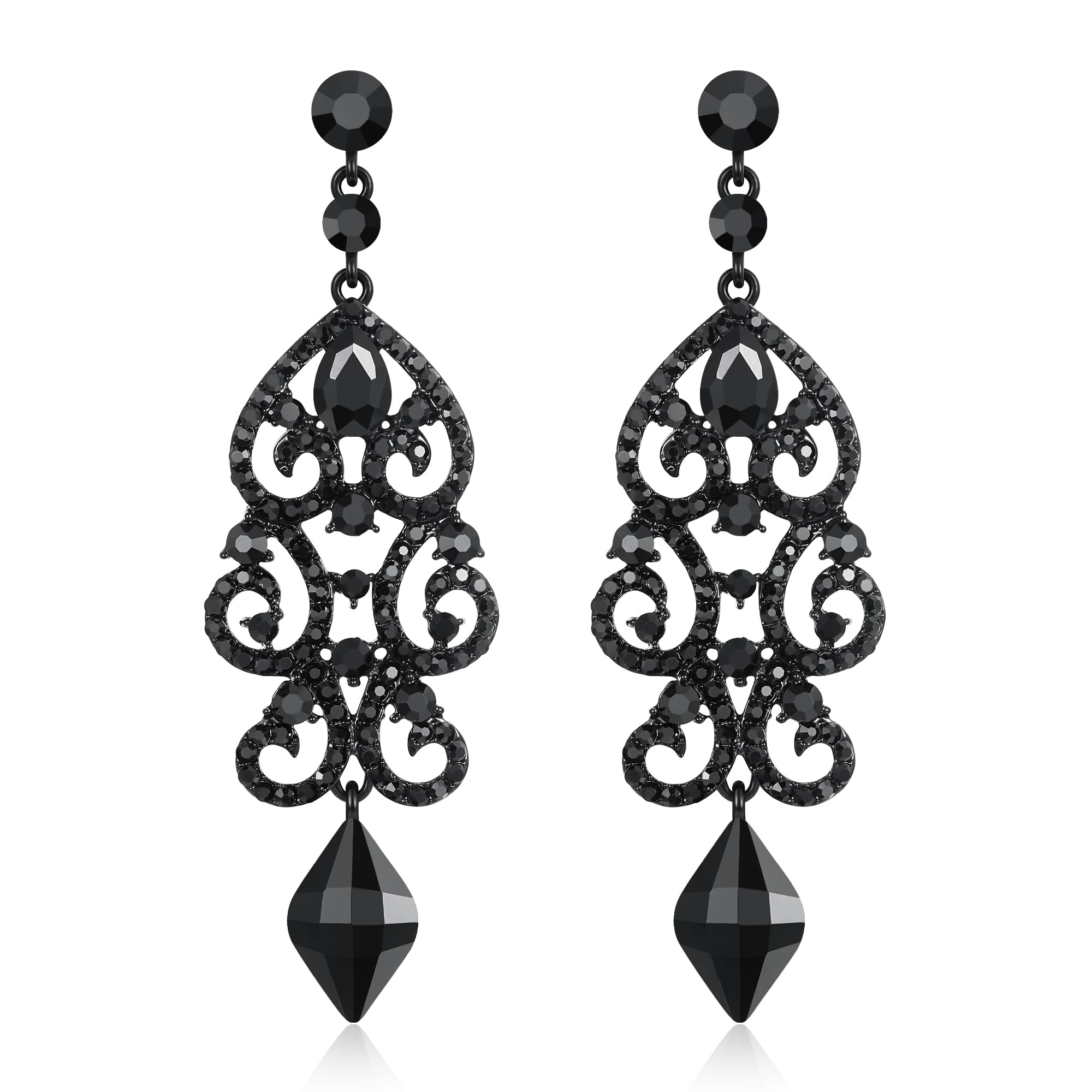 EVER FAITH Rhinestone Crystal Wedding Art Deco Floral Chandelier Dangle Earrings for Women Black Black-Tone