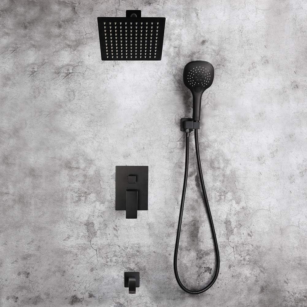 POP Bathtub Shower Faucet Set Matte Black Shower System with Tub Spout 8 Inch Wall Mounted Bathroom Rainfall Shower Head Set with Handheld Shower Combo Set (Contain Rough-in Valve Body and Trim) - - 
