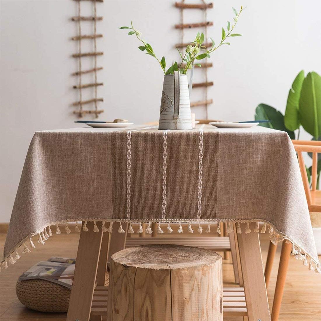smiry Embroidery Tassel Tablecloth - Cotton Linen Dust-Proof Table Cover for Kitchen Dining Room Party Home Tabletop Decoration (Rectangle/Oblong, 55 x 86 Inch, Light Grey): Kitchen & Dining