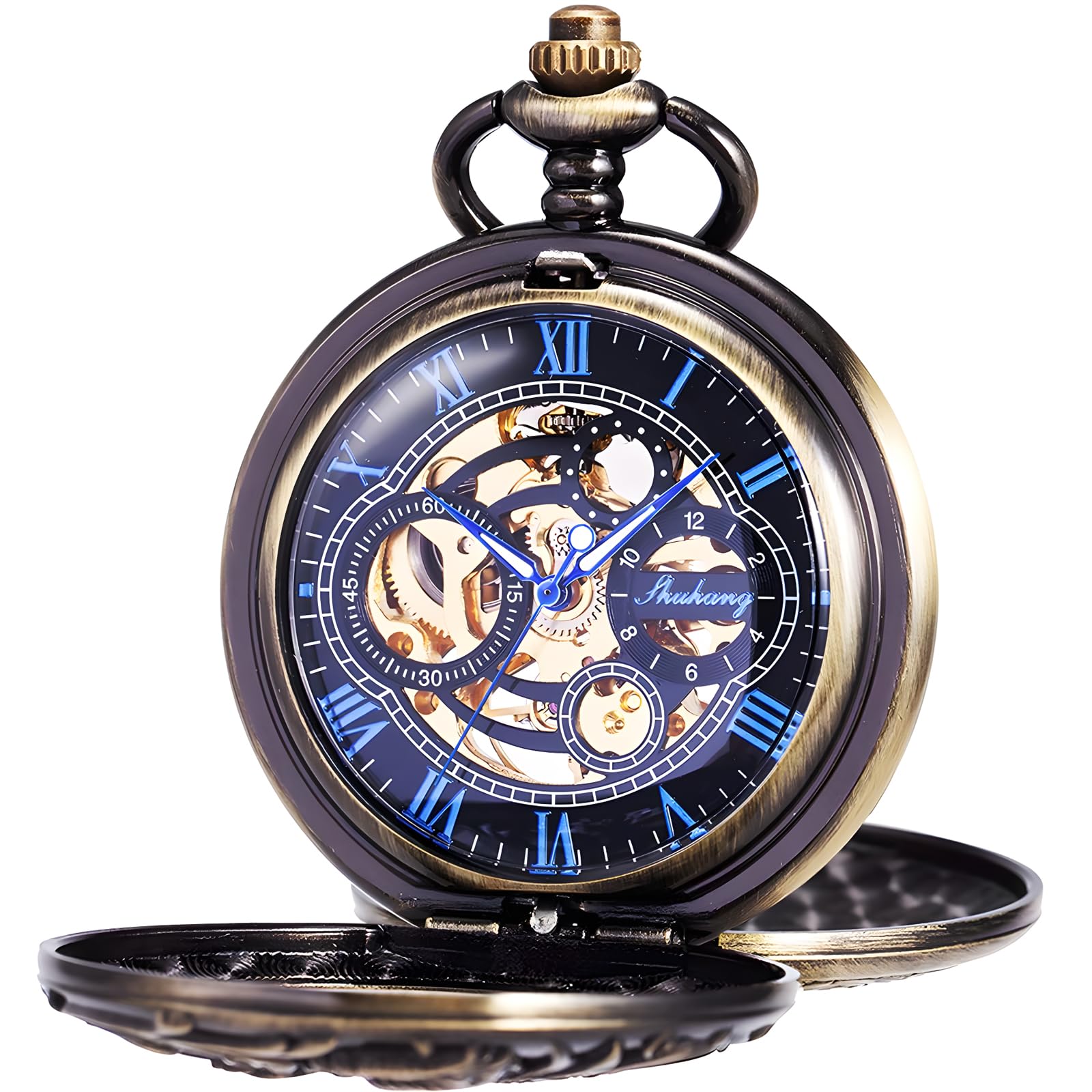 Carrie Hughes Mens Mechanical Pocket Watch with Chain Lucky Dragon Steampunk Skeleton Hunter Double Open in Box CHPW10A