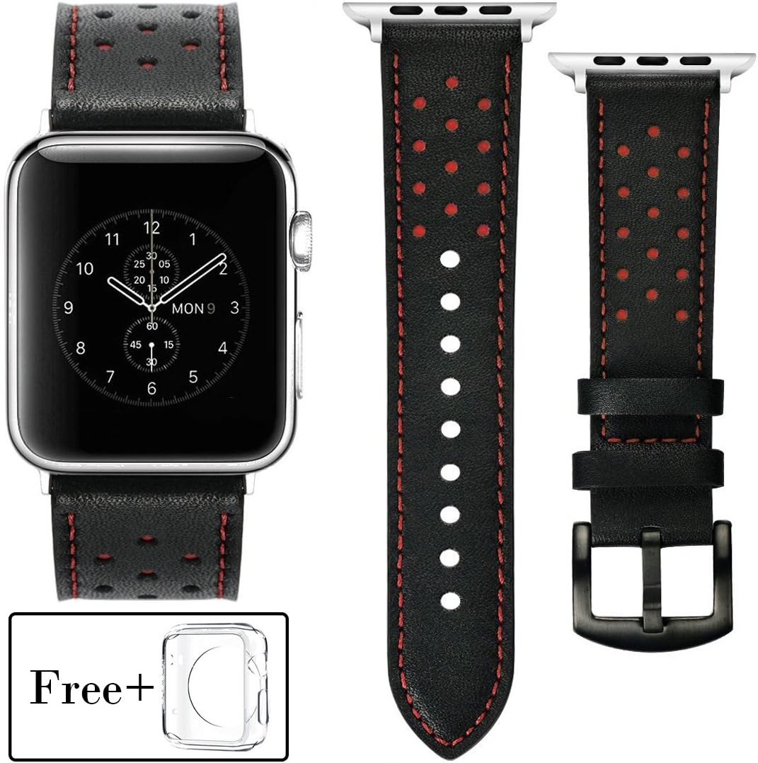Black with red Holes Design for Apple Watch Band 38/40mm 42/44mm Soft PU Leather Replacement Strap with Stainless Steel Classic Buckle for iwatch Series4/3/2/1 Nike+ Sport Edition (B-R-38/40mm) …