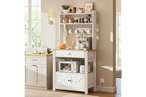 LIKIMIO Baker Rack with Power Outlet & Drawer, Coffee Bar Cabinet with Storage, Farmhouse Microwave Stand with Hutch and 5 Hooks for Kitchen, White