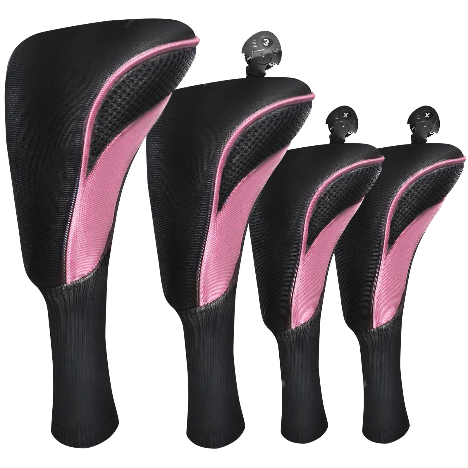 FINGER TEN Golf Club Head Covers for Woods Long Cover Driver Hybrid Fairway, Headcovers with Interchangeable No. Tag Novelty Durable Fit Woods Clubs (Pink-4 pack (1 Driver& 1 Fairway&2 Hybrid))