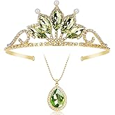 FRTTVM Princess Tiana Tiaras and Necklace for Women Green Princess Tiana Crown Birthday Halloween Party Princess Tiana Accessories