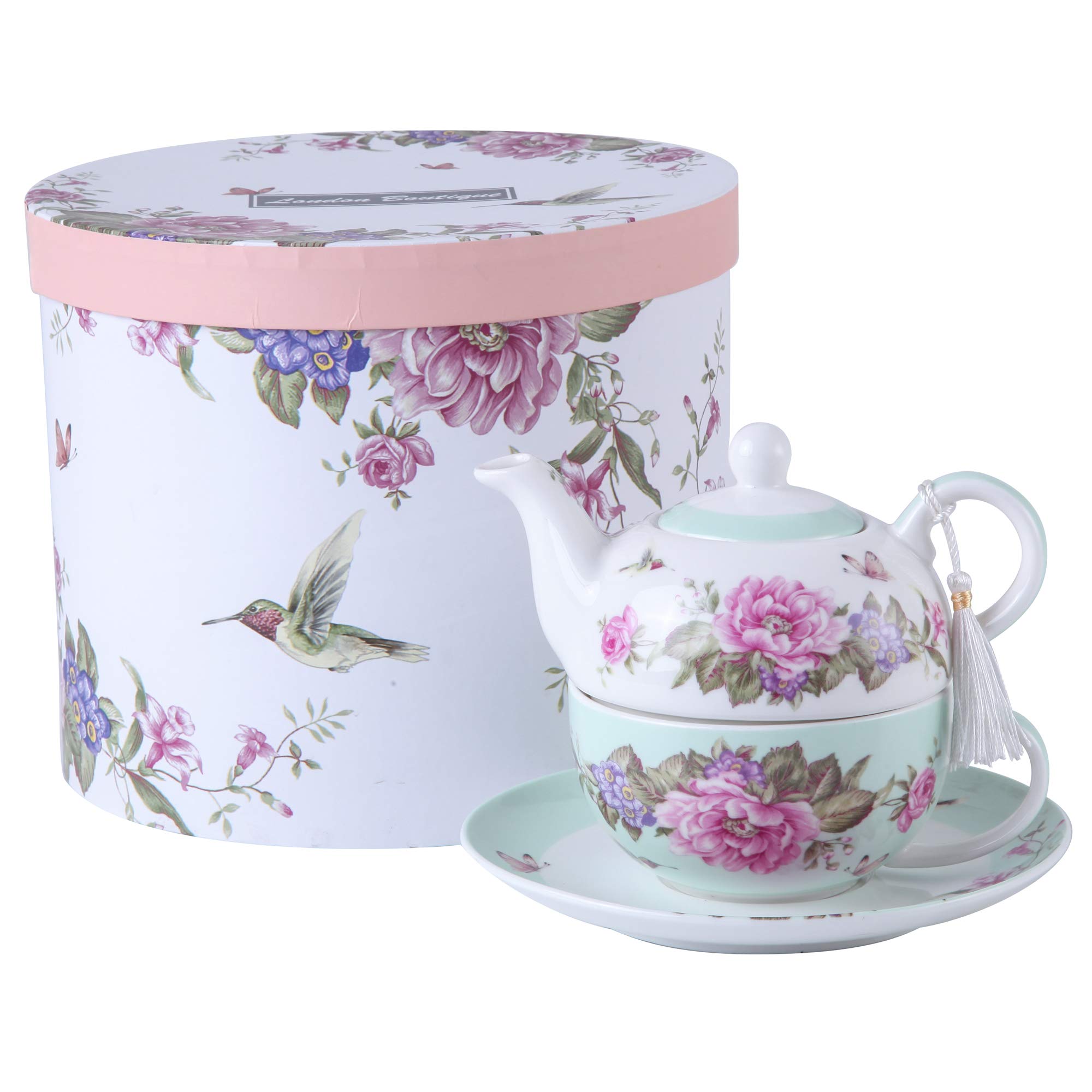 Tea for One Teapot Cup suacer Set Shaby Chic Flora Bird Rose Butterfly Porcelain Gift Box (Teal)