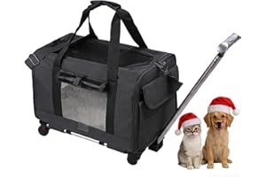Krzaw Pet Carrier for Cats and Small Dogs, Wheeled Travel Carrier with Breathable Mesh Windows, Foldable Lightweight Design, 
