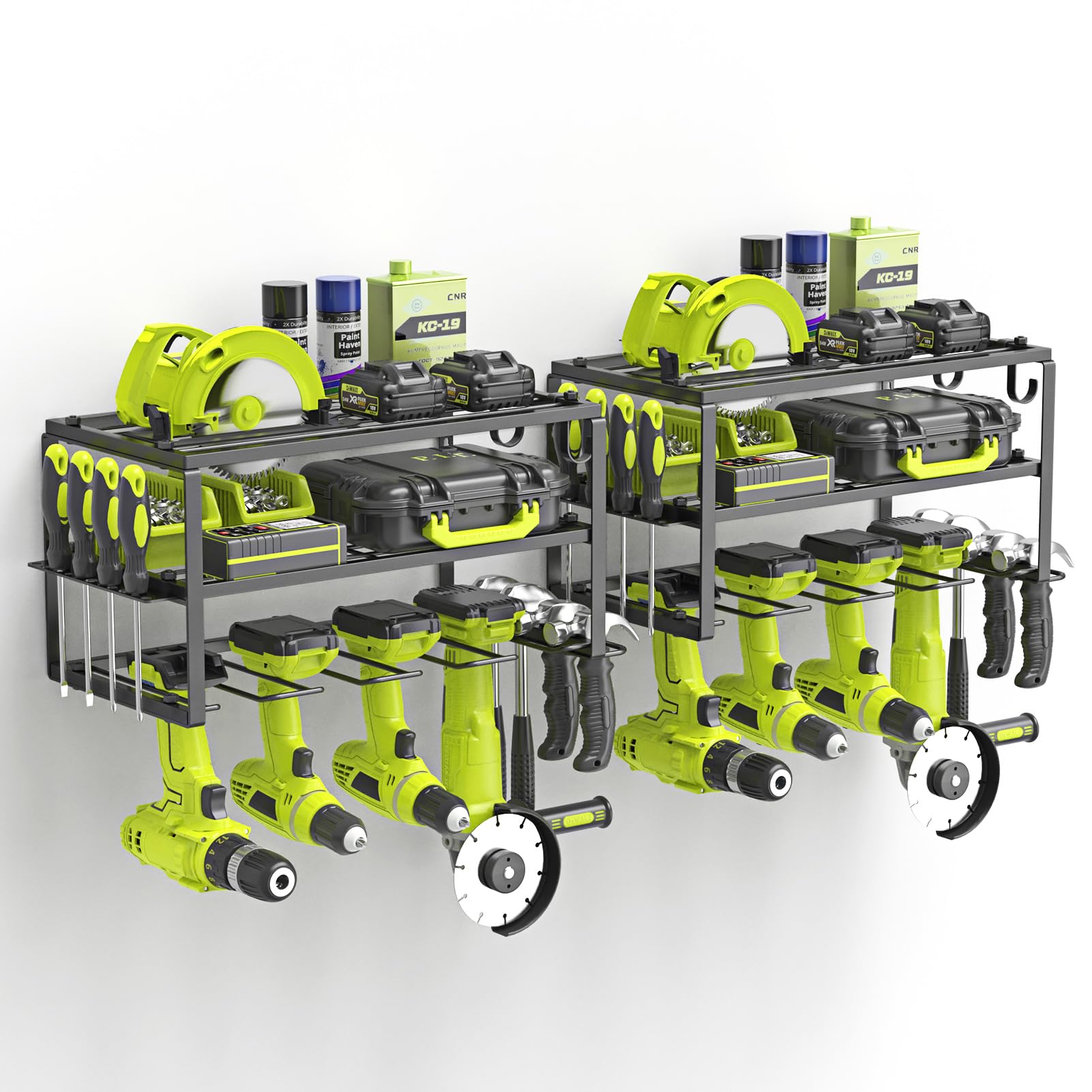 SUNALLY 3-Tier Heavy Duty Steel Power Tool Organizer, Matte Black, 3 Layers Tool Rack Cordless Drill, Floating Shelf Wall Mounted, 4 Drill Holders Image