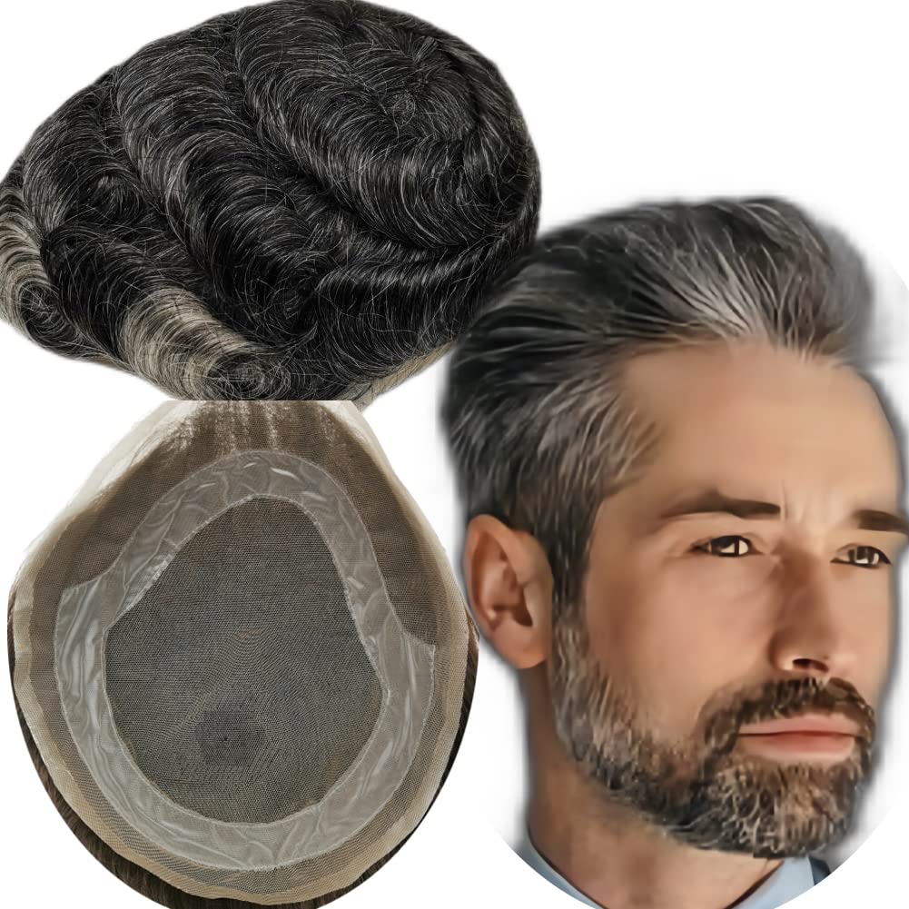 Toupee for Men Yanahair men hair pieces Mens Toupee Human Hair Replacement System 100% European Real Human Hair Men Lace Hair System Fine French Lace with PU Around (#1B40 Black and Gray, 8"x10")
