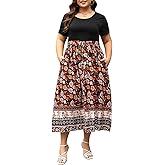 Nemidor Womens Plus Size Summer Short Sleeve Boho Print Flared Long Dress with Pocket NEM530