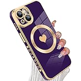 tharlet Magnetic for iPhone 13 Case [Compatible with Magsafe] Cute Love Heart Luxury Plating Gold Edge Bumper Case with Full Camera Lens, Purple (6.1")