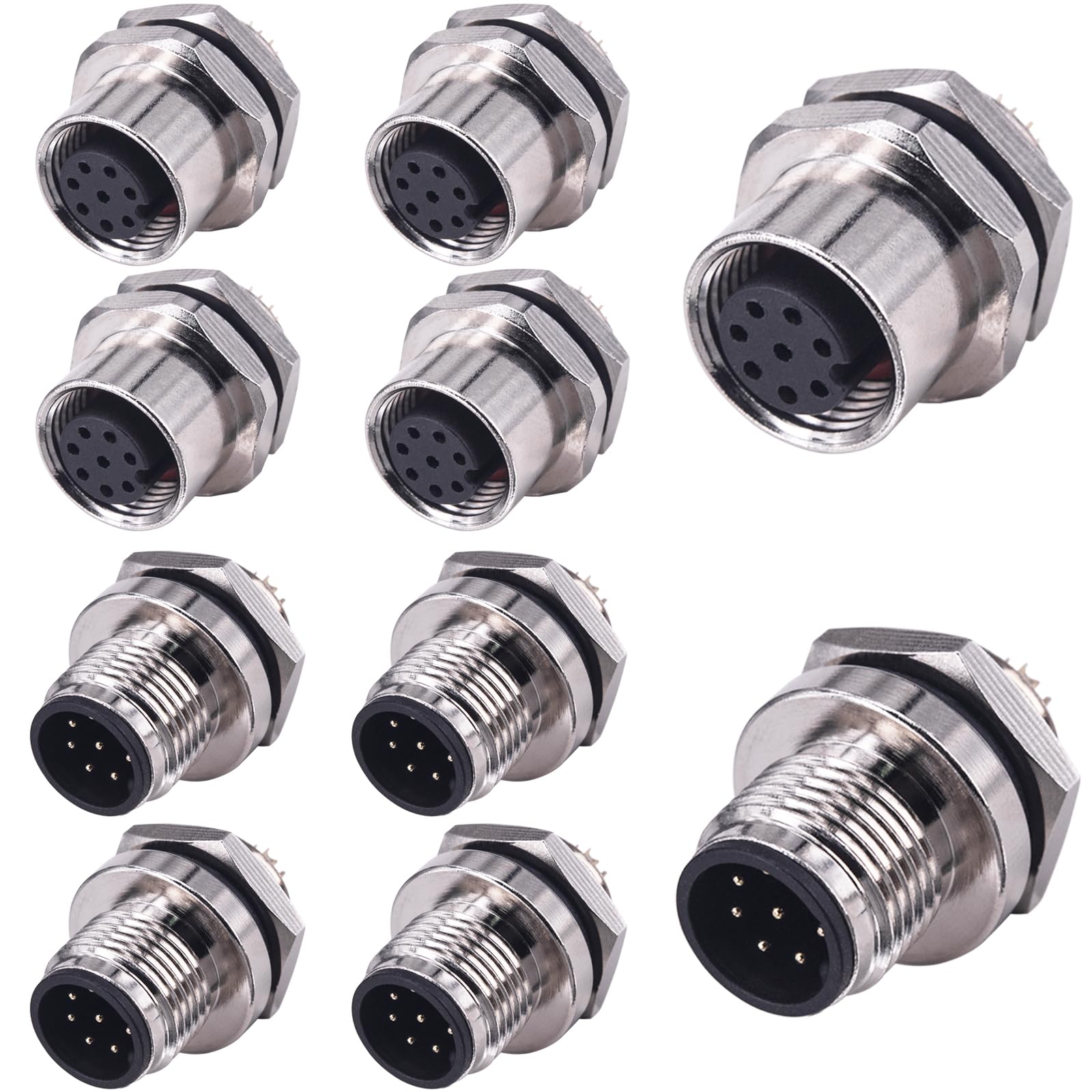 Lonlonty M12 8-Pin A-Coded Connector Kit, Solder Cup Circular Aviation Connector, Back Mount Panel Socket, IP67 Waterproof, 5-Pairs (5 Male + 5 Female) for Industrial Maintenance & PLC Systems