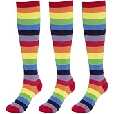 KONY Women's Cotton Rainbow Striped Knee High Socks, 1 or 3 Pairs | Soft cotton, made in Korea. Fits US shoe size 6-10. Rainbow stripes for pride, costume, disco, skating, everyday & gifts.
