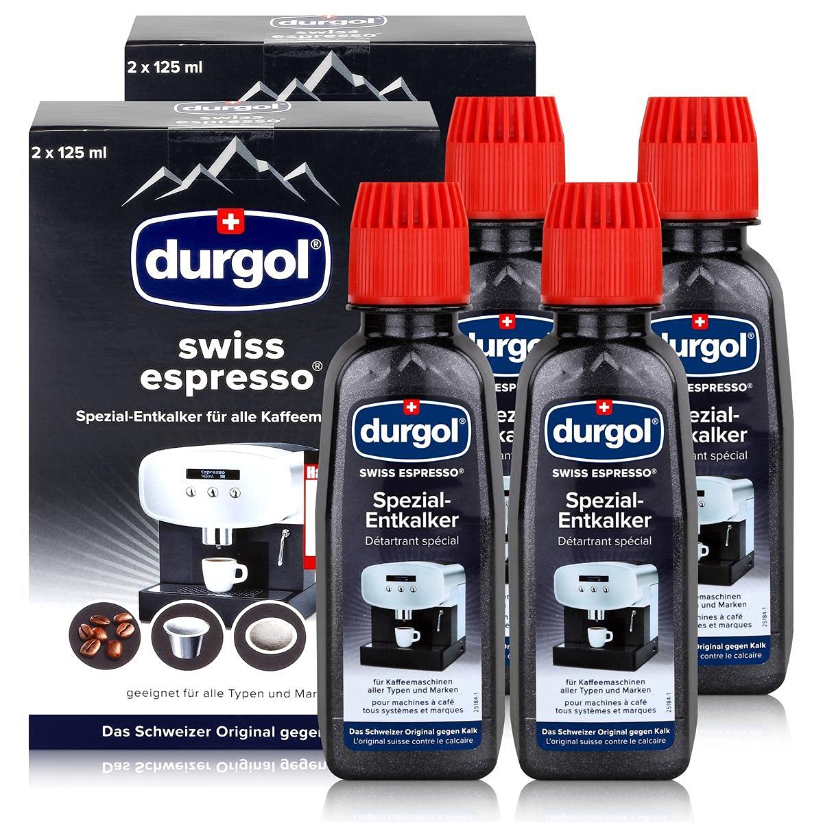 Durgol Swiss Espresso, Descaler and Decalcifier for All Brands of Espresso Machines and Coffee Makers, 4 x 125 ml (Pack of 4)