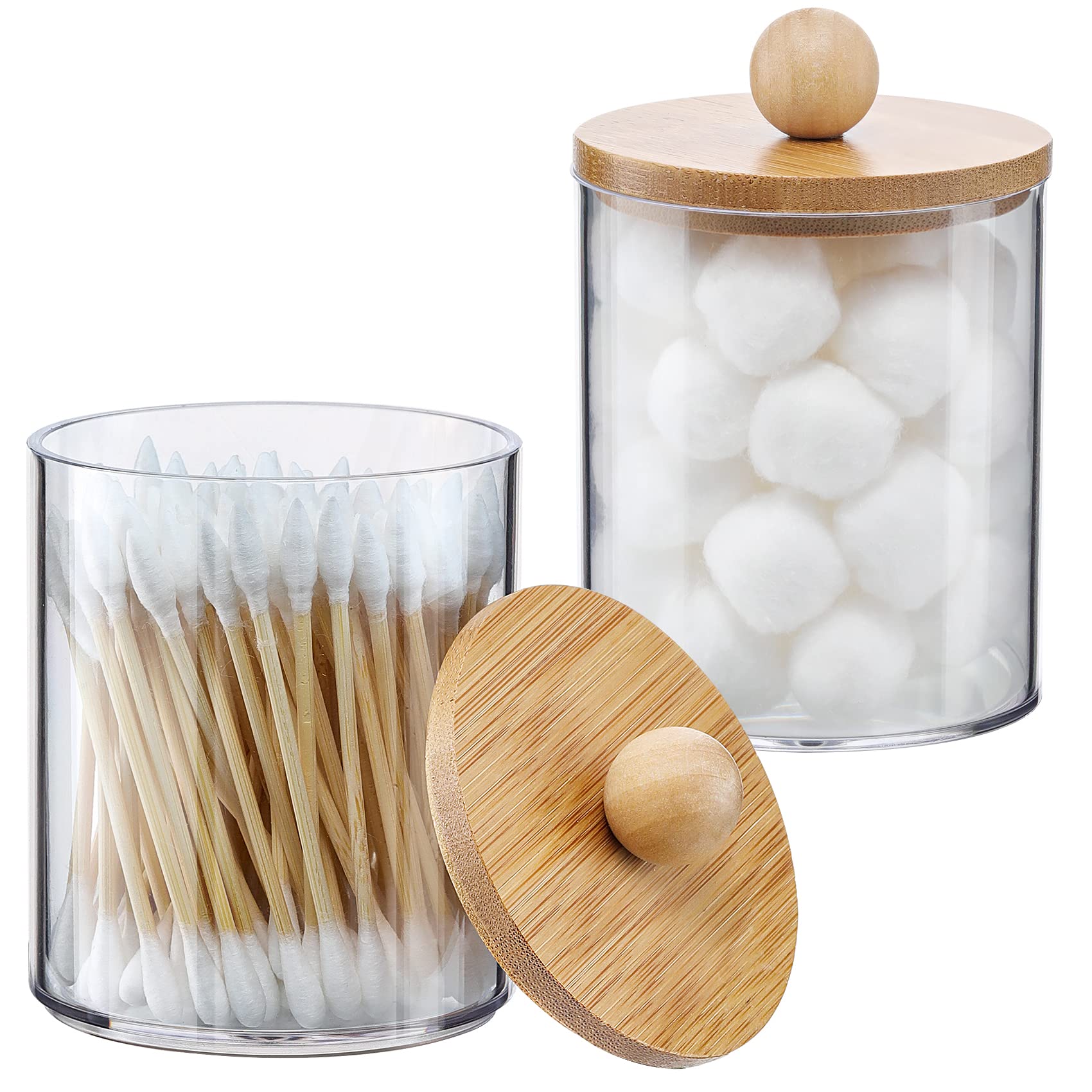 Photo 1 of VITEVER 2 Pack Qtip Holder Dispenser with Bamboo Lids - 10 oz Clear Plastic Apothecary Jar Containers for Vanity Makeup Organizer Storage - Bathroom Accessories Set for Cotton Swab, Ball, Pads, Floss
