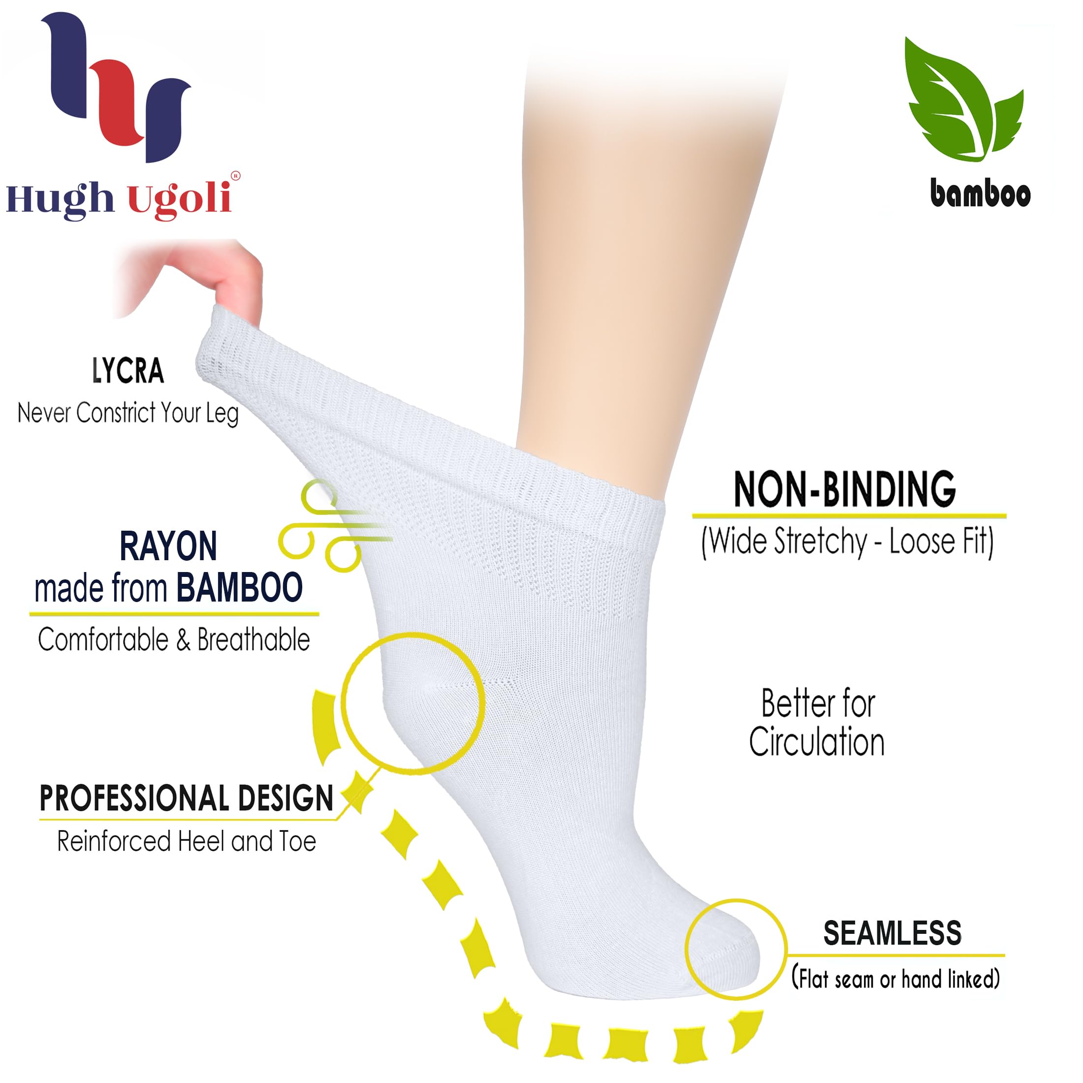 Hugh Ugoli Women's Bamboo Diabetic Ankle Socks, Super Soft Seamless Toe Non Binding, Wide, Loose Fit & Stretchy, 3 Pairs
