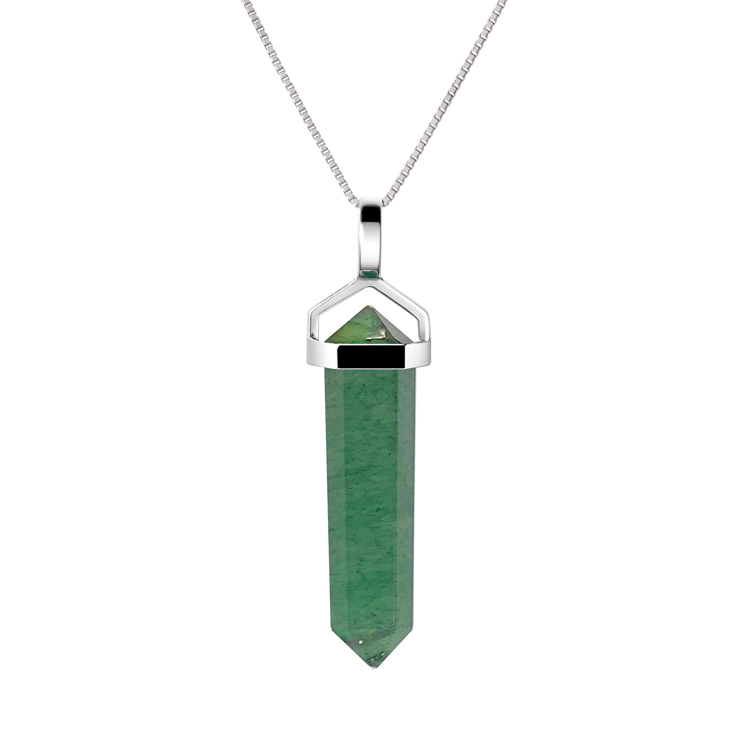 Franki Baker Natural Green Aventurine Gemstone & Sterling Silver Double Point Pendant Necklace. Pendant Length: 4.5cm. Chain Length: 50cm