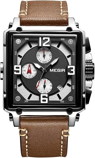 Amazon Megir メンズ スクエアベルトウォッチ ファッショントレンド 大きな文字盤 タイマー ヨーロピアン アメリカンスタイル カジュアルクォーツウォッチ シルバーブラック メンズ腕時計 腕時計 通販