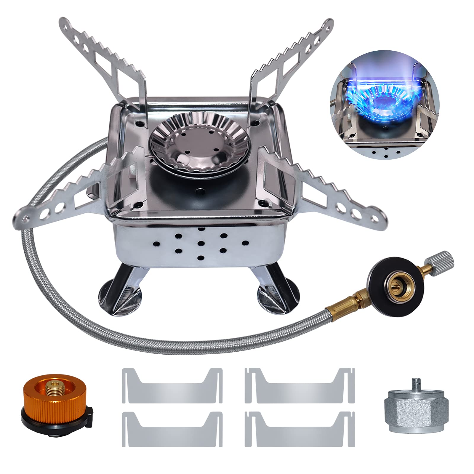 Upgrade Portable Camping Gas Stove, Windproof Backpacking Stove with Piezo Ignition, Camping Stove, 2 kinds of Adapters, Suitable for Any Gas Tank, Folding Lightweight Stove for Outdoor Hiking Cooking