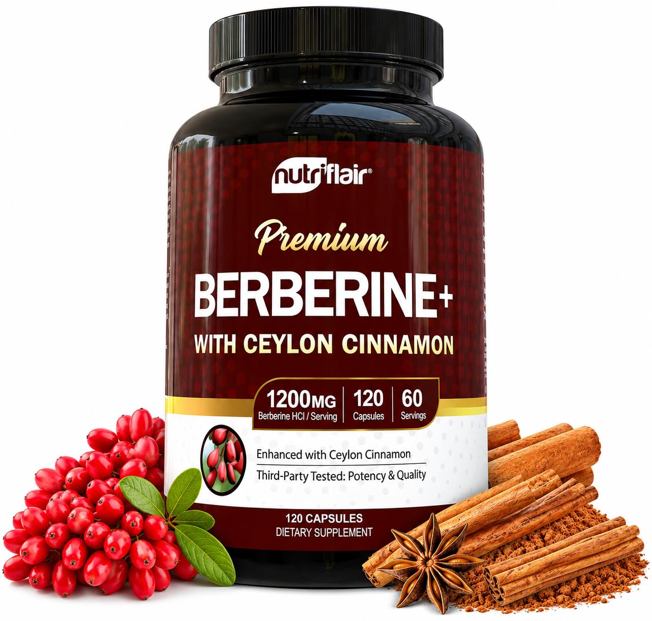 NutriFlair Berberine HCl 1200mg with Ceylon Cinnamon, 120 Capsules