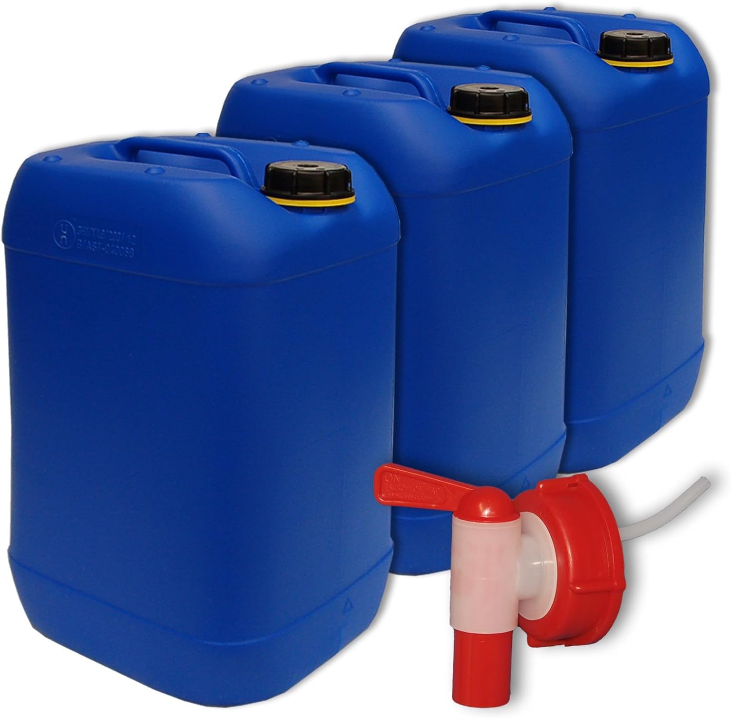 plasteo 3X 25 Liter Getränke- Wasserkanister mit 1 Hahn und 3 Schraubdeckel (DIN 61) | Lebensmittelecht | Tragbar | Indoor und Outdoor | BPA Frei Blau: Amazon.de: Garten - Wasserkanister