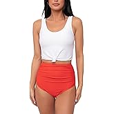 Coral Reef Swim Tankini Swimsuits for Women - White Knotted Front Tankini Top & Red High Rise Ruched Swim Bottoms (XXS-3XL)