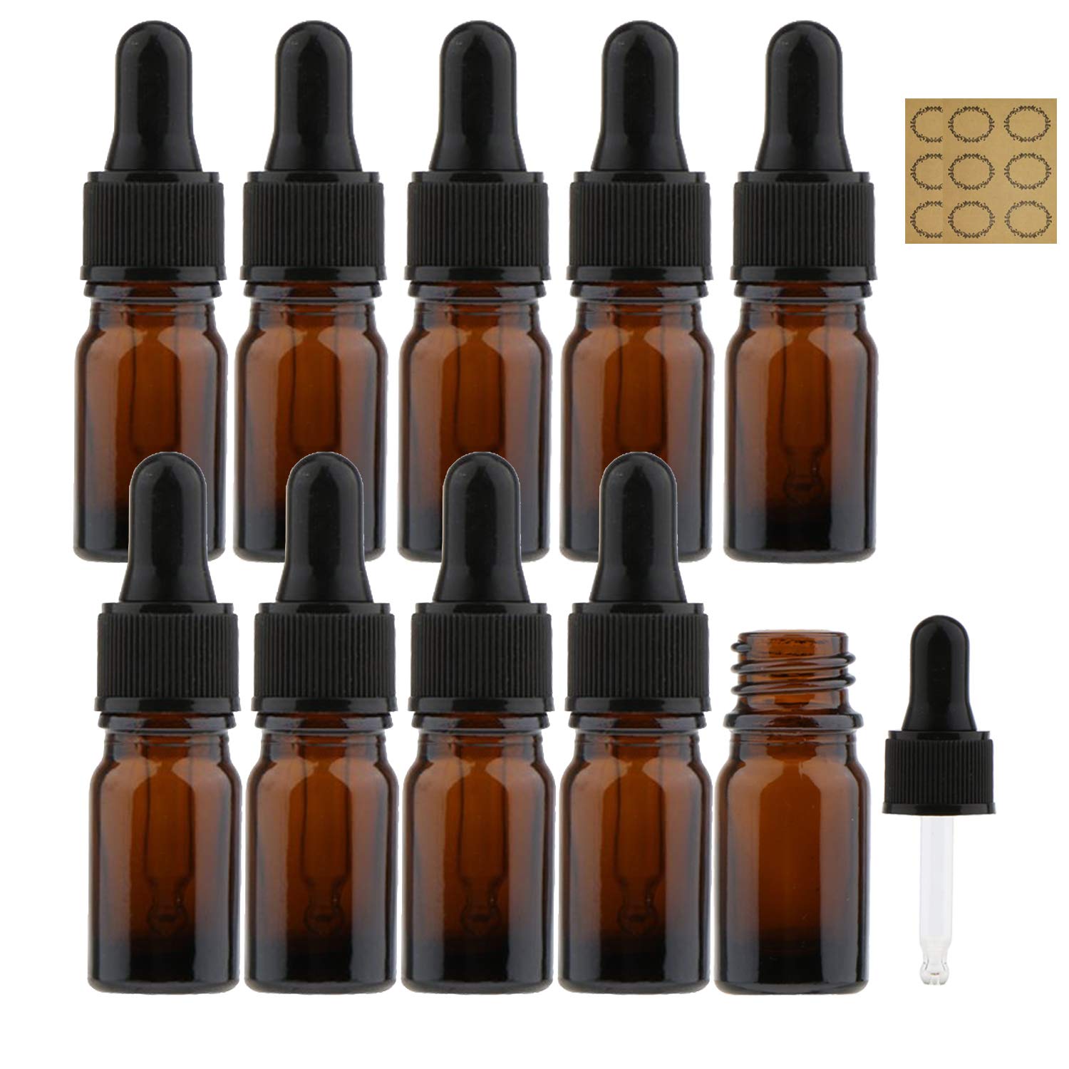 Alledomain 10Pcs, 5ml Amber Glass Bottles with Dropper Pipettes, Mini Empty Dropper Bottles Plastic Black Cap Refillable Sample Container for Essential Oil/Aromatherapy Blends/Chemical Liquid