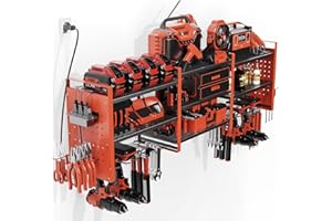 Xankzi Power Tool Organizer with Charging Station Wall Mount, 3 Layer Expanded Heavy Duty Garage Organization, 48.8 Inch Length Garage Tool Storage, 4 Drill Slot, 16" Standard Hole, Red
